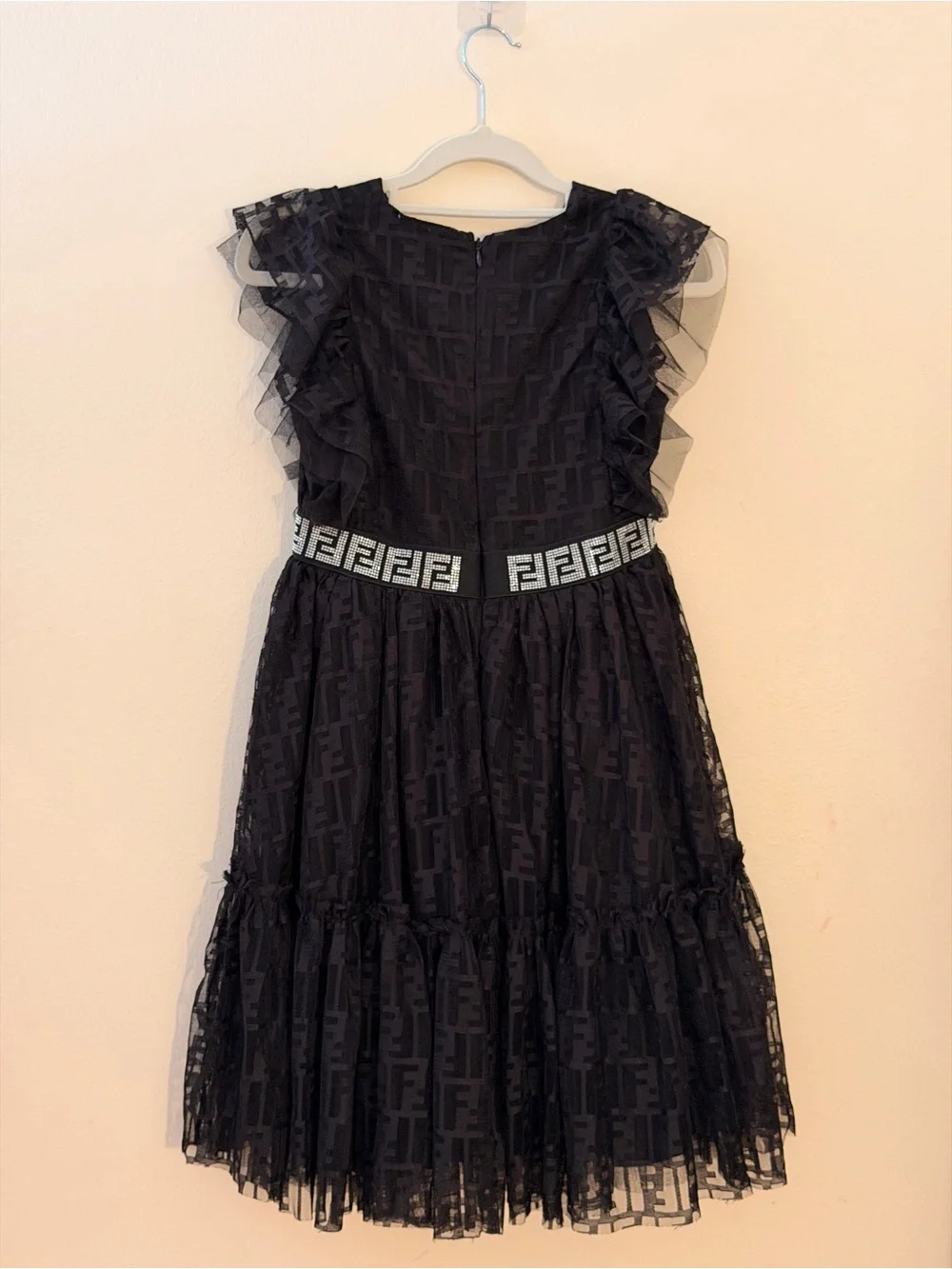 Black Ruffle Tulle Kids Dress with Decorative Waistband